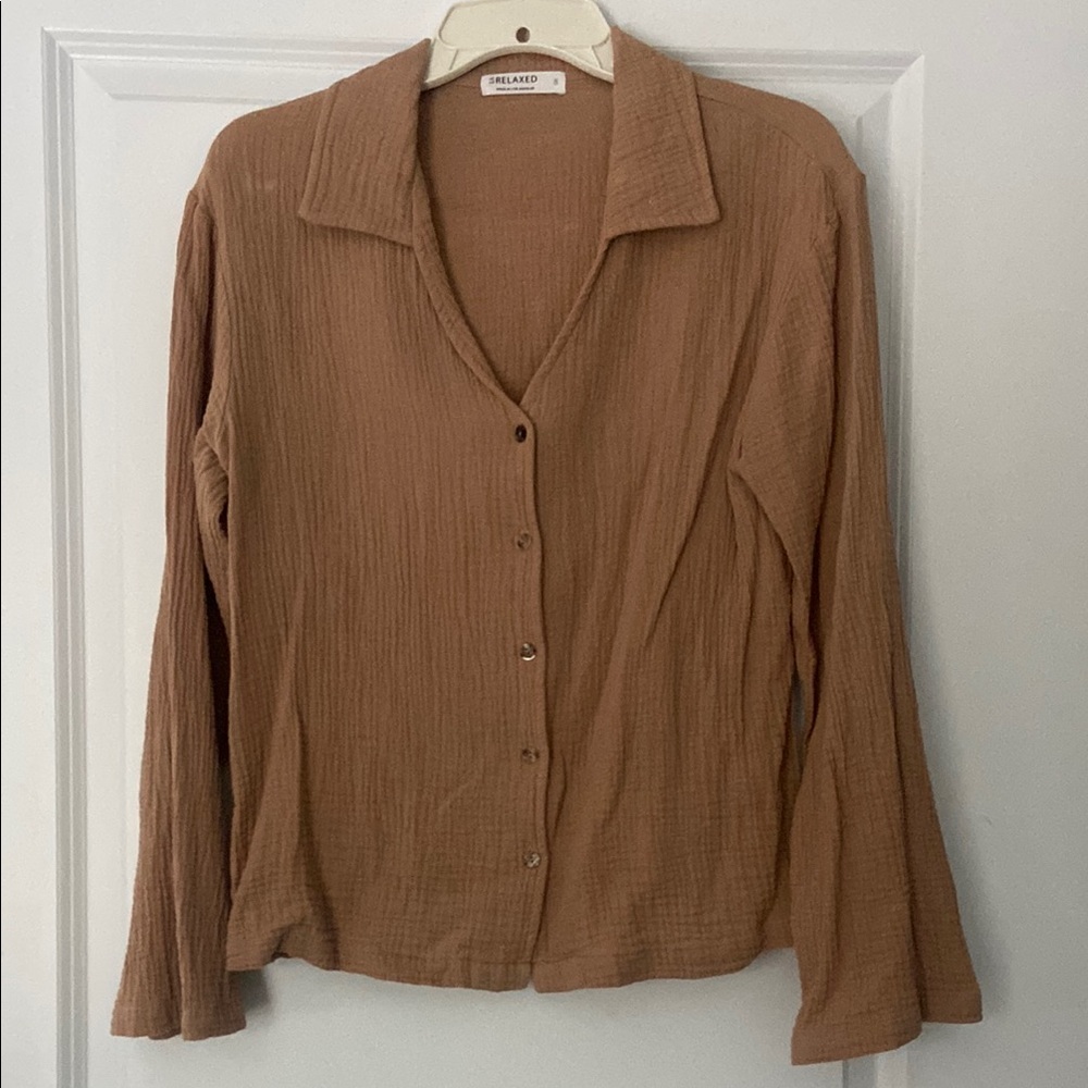 LA Relaxed Brown Cotton Gauze Button-Up Top